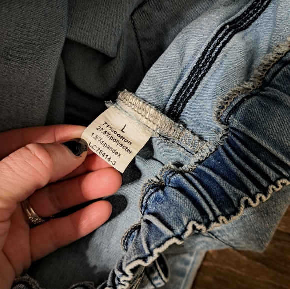 Distressed Blue Jeans with Red Plaid Patches - Picture 3 of 4